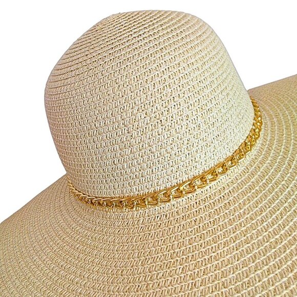 WOMEN'S TAN OVERSIZED FLOPPY STRAW HAT W/ GOLD LINK CHAIN BAND - Picture 2 of 3
